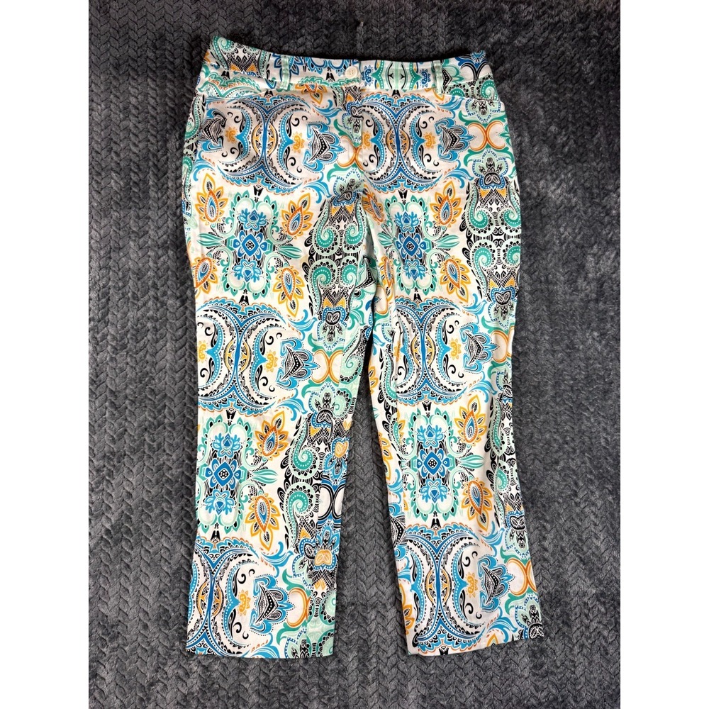 Jones New York Capri Pants Womens 6 White Paisley Cotton Stretch Pockets Casual